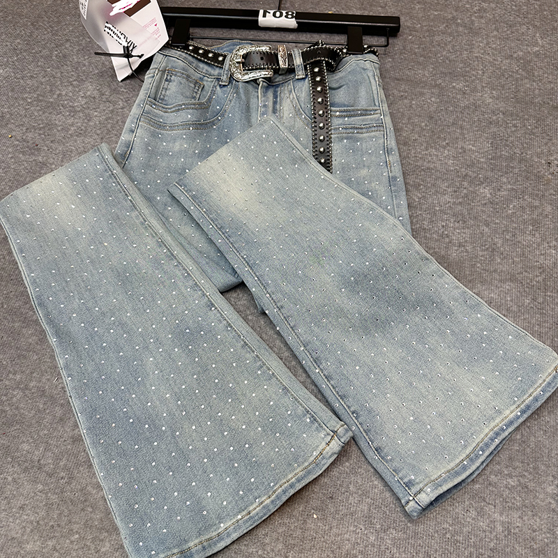801 高腰烫钻欧货微喇牛仔裤女