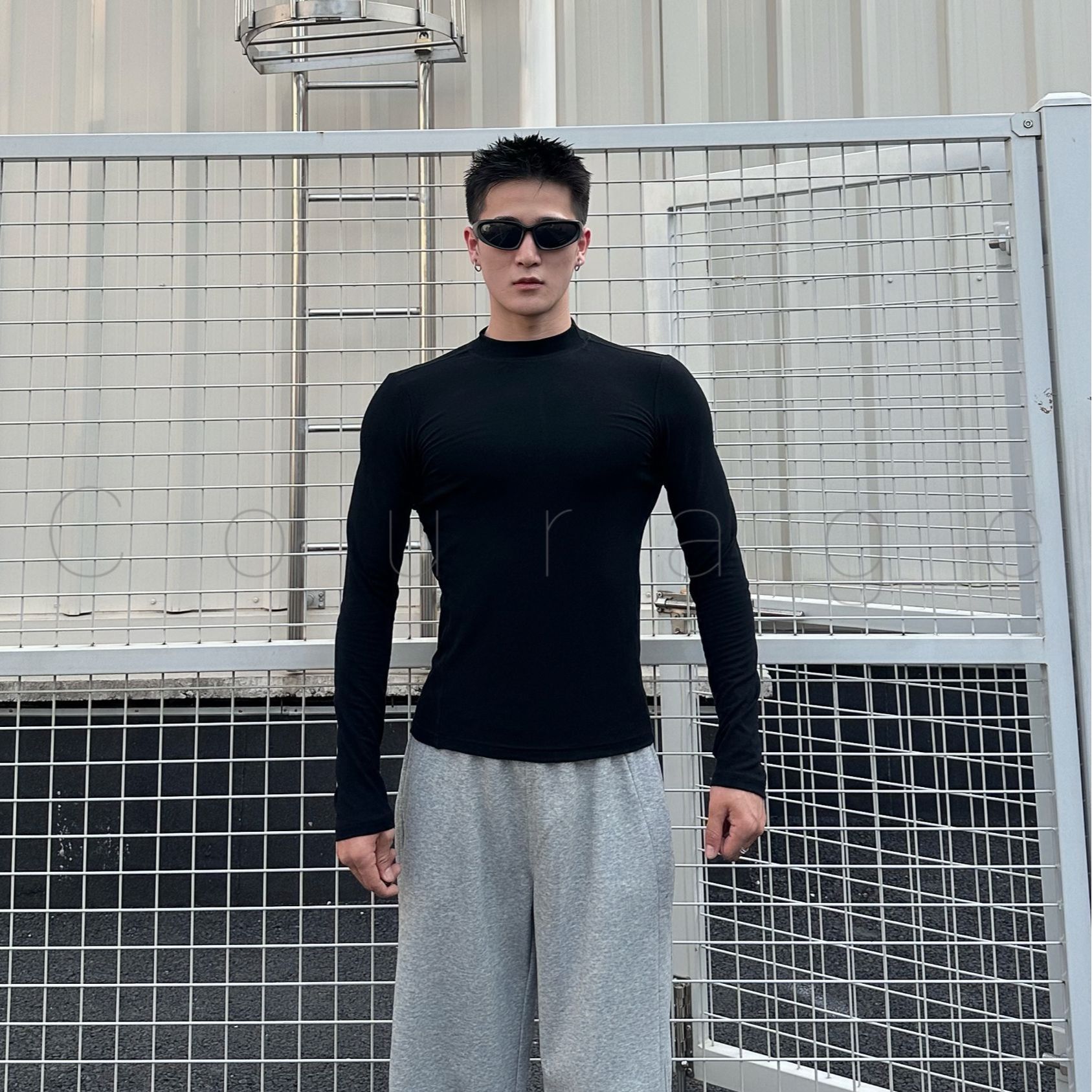 美式不规则缝线长袖运动男速干训练健身户外弹力修身纯色圆领上衣