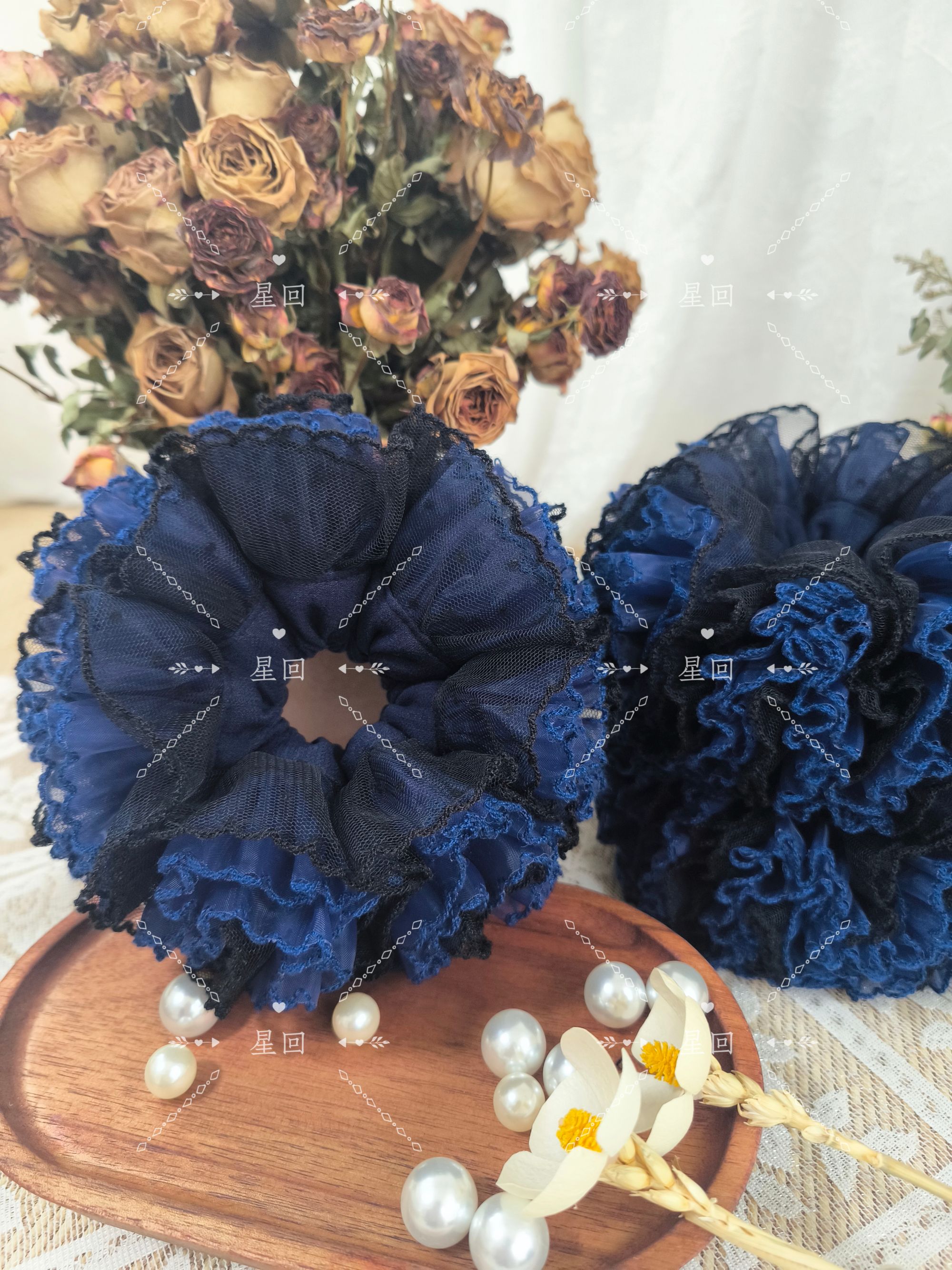 深蓝黑冬款四层欧根纱非常饱满实物发圈