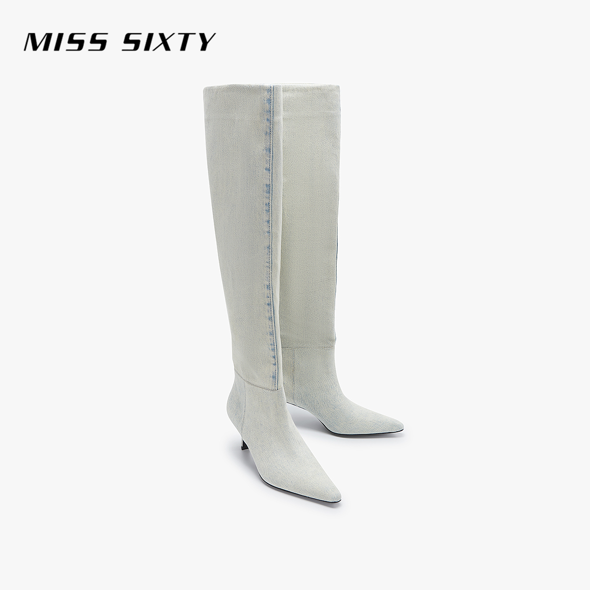 Miss Sixty2025夏季新款时装靴女尖头高跟复古洗水牛仔高筒靴