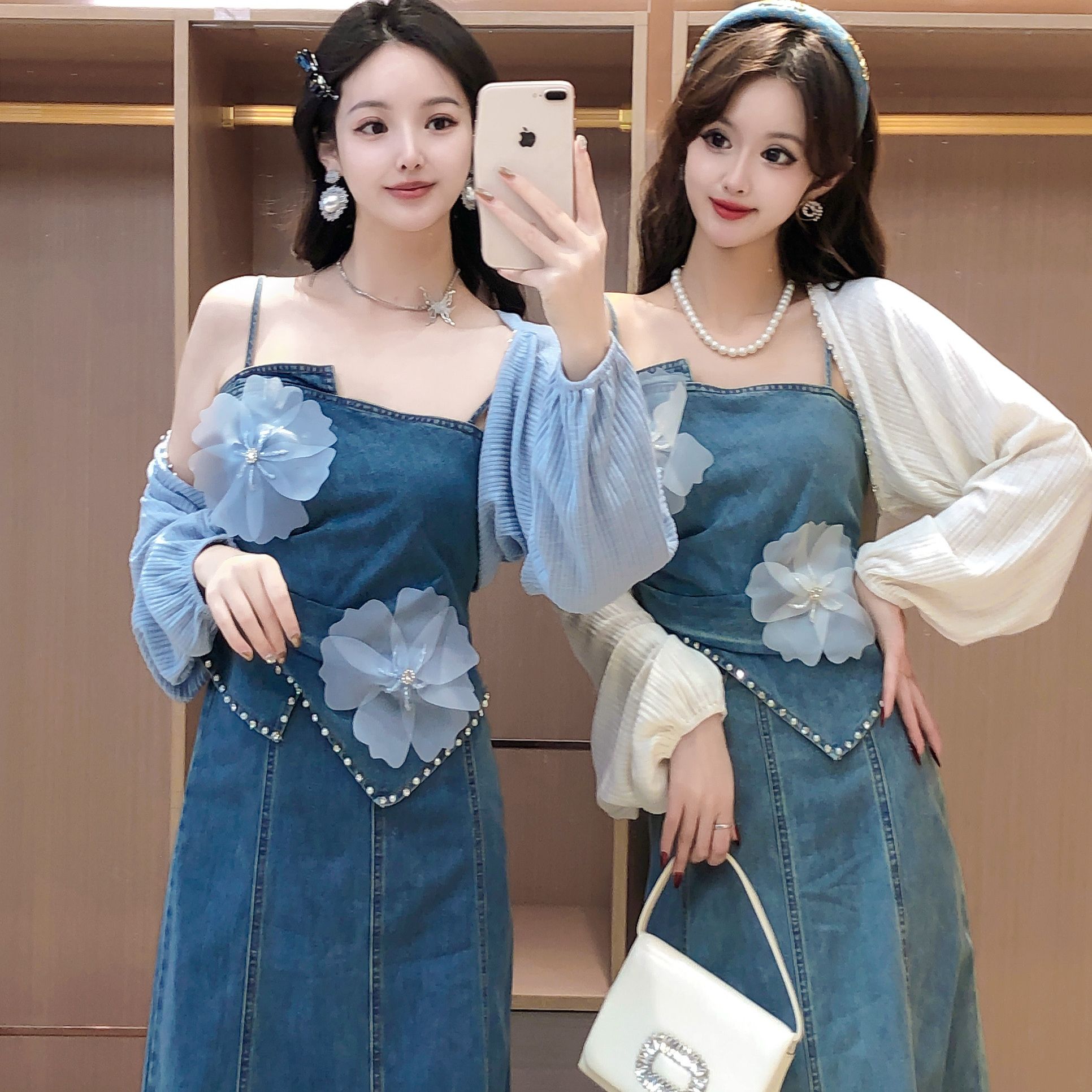 艾日秀轻奢不规则牛仔吊带上衣针织衫A字高腰半身裙三件套女E8960