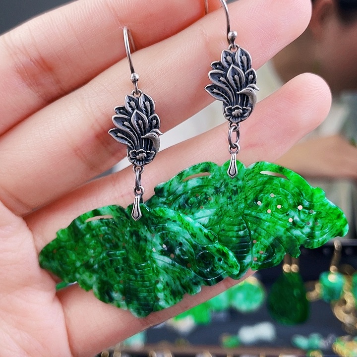 翡翠耳饰银S925镶嵌饰品