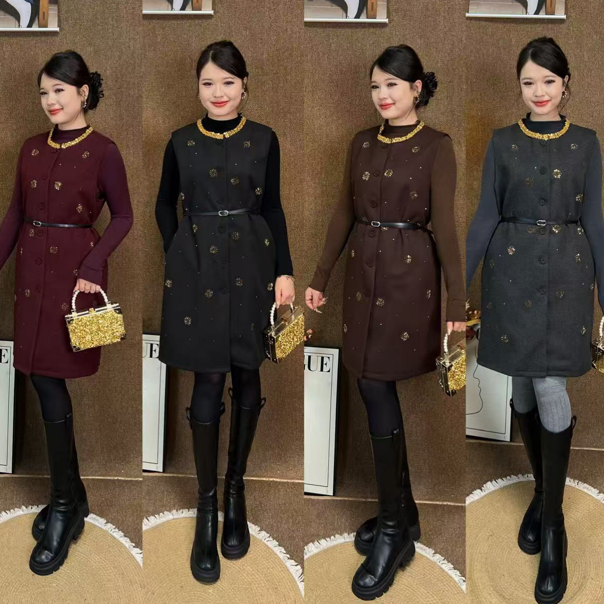 Gzl秋冬新款法式优雅名媛风钉珠装饰马甲裙高领打底衫两件套0004