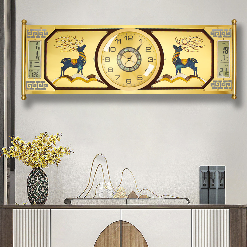 新中式珐琅彩黄铜挂钟客厅装饰时钟创意时尚钟表家用轻奢大气挂表