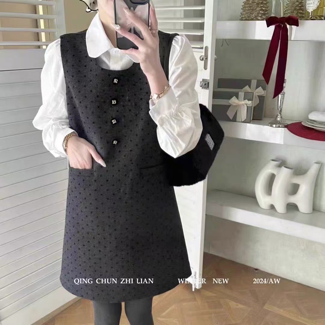 春季常规连衣裙长袖轻奢百搭显瘦气质拼接法式收腰两件套5195#