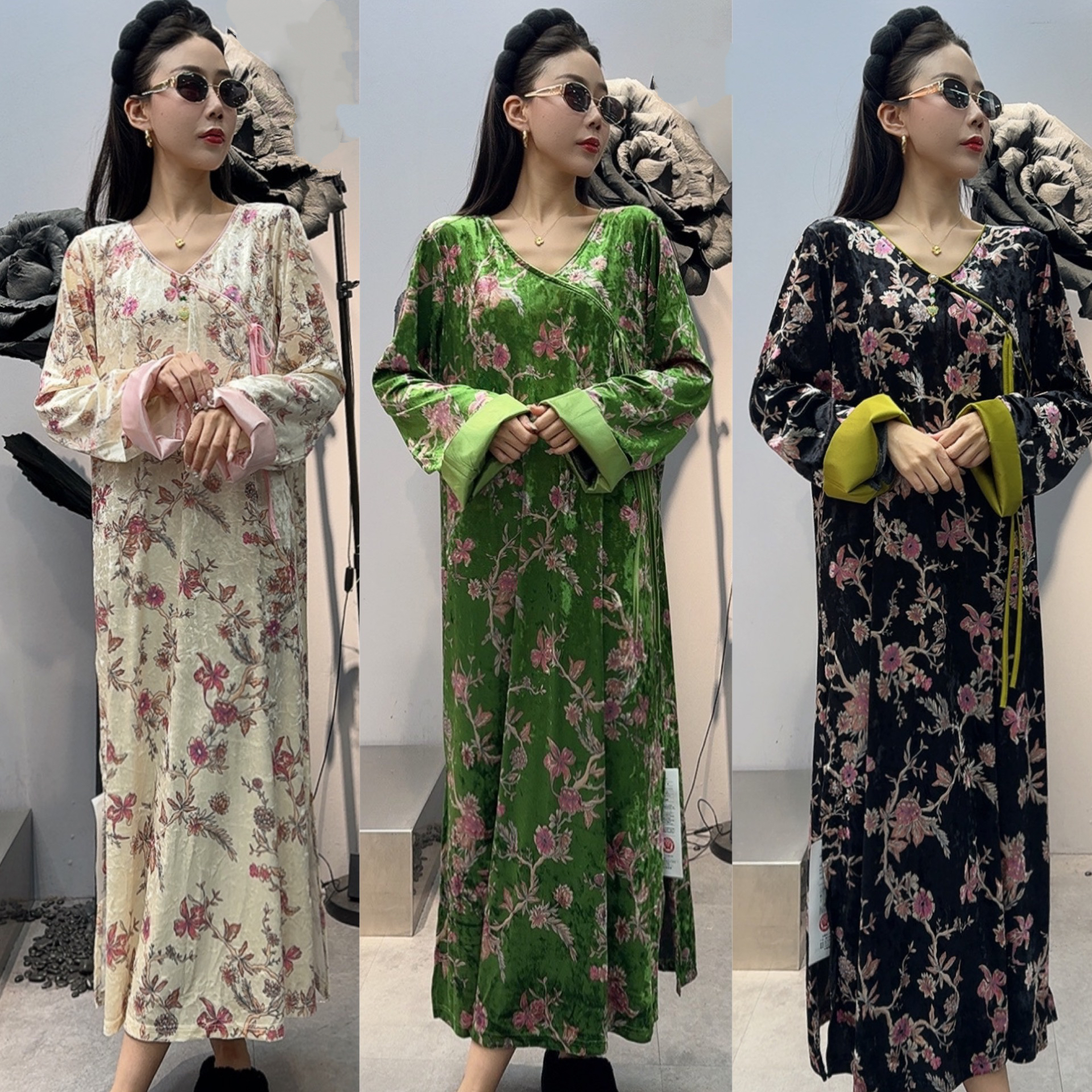 8376丝绒国风遮肉显瘦气质长裙