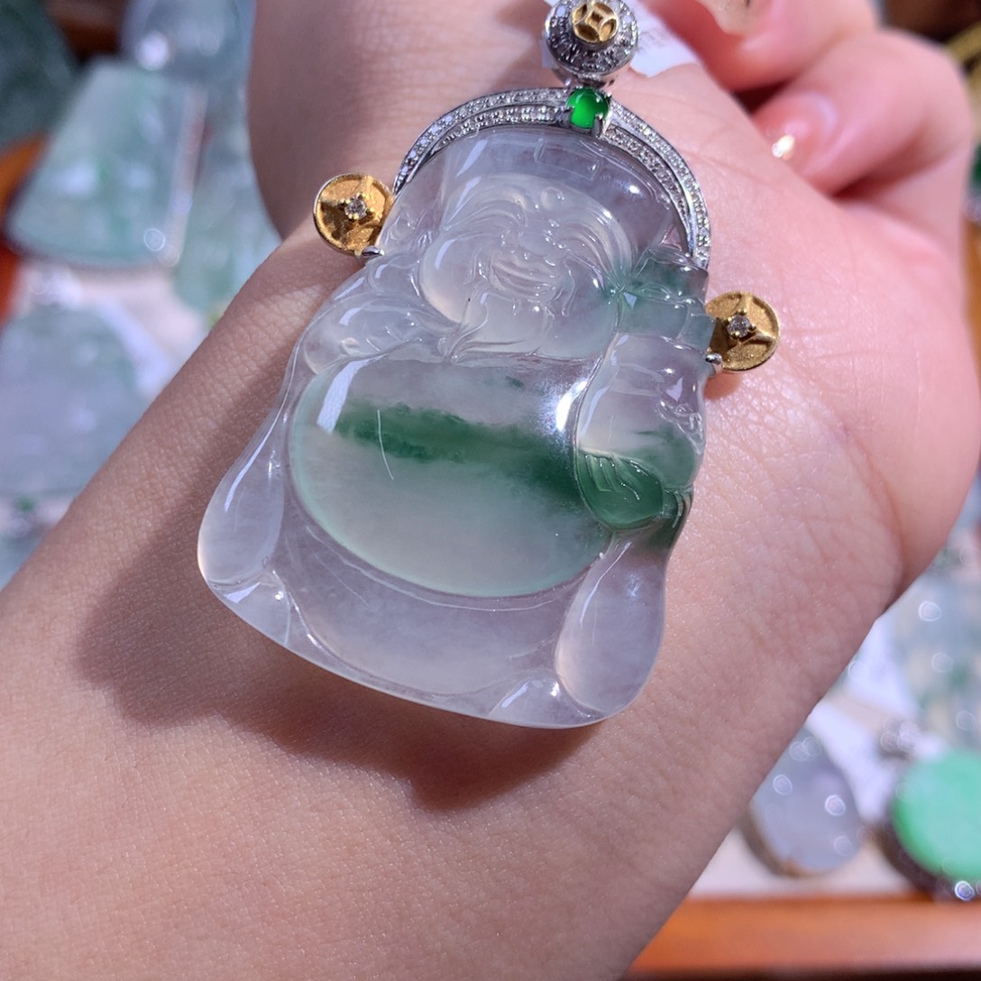 翡翠吊坠(不含链)18K金镶嵌冰财财