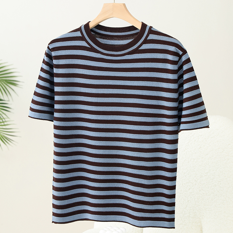 莱赛尔天丝+蚕丝苏醒正肩圆领条纹针织短袖t恤女2025新款夏季上衣