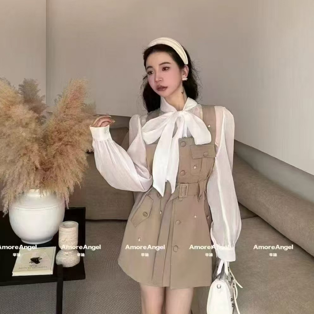 韩版时尚方领红色连衣裙腰带风显瘦气质背心裙套装9808古