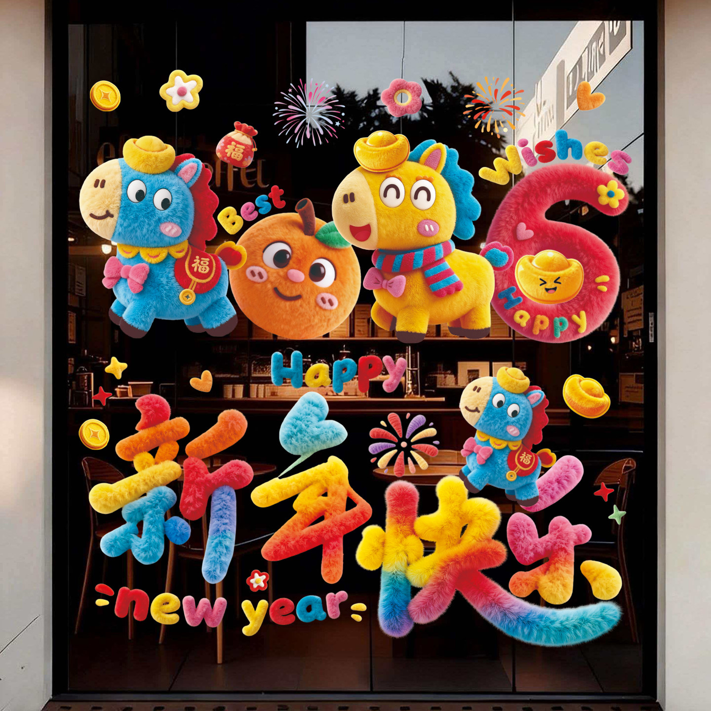 卡通毛绒可爱玻璃贴纸门窗贴马年大吉新年快乐新款窗花静电贴