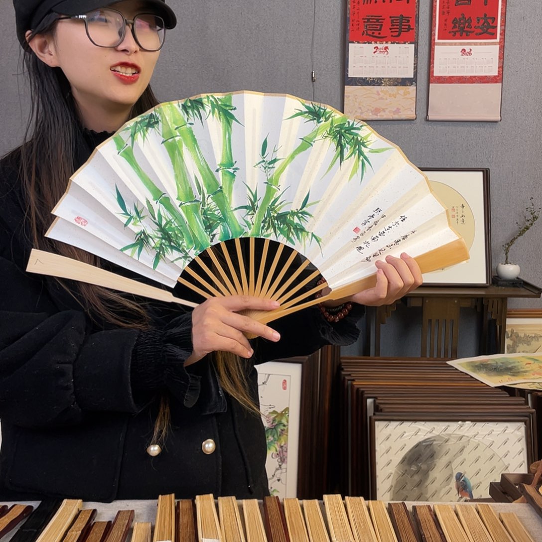 国画10寸玉竹-纯手绘-文玩扇骨（默认粘好）