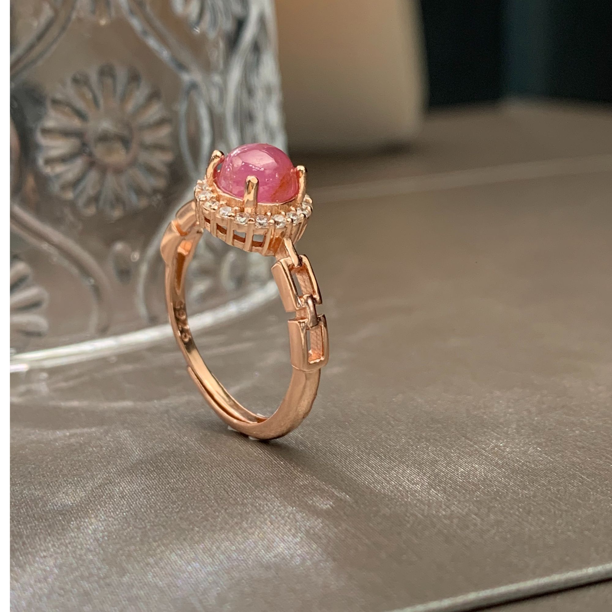 天然无烧红宝石戒指1.5ct±蛋面 彩色宝石 花开有期-链条