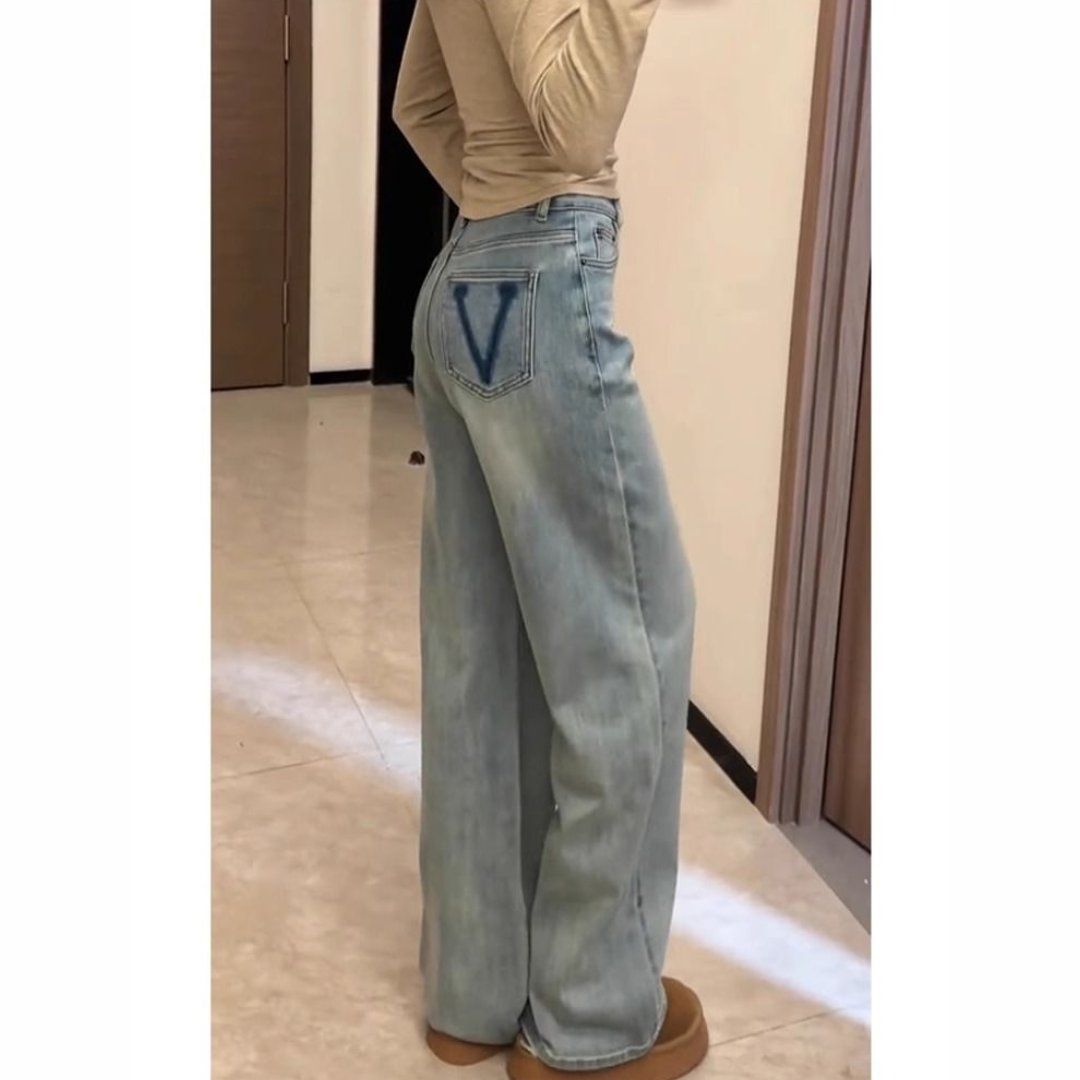 浅蓝色刺绣牛仔裤女美式高街新款早春高腰直筒宽松显瘦垂感阔腿裤