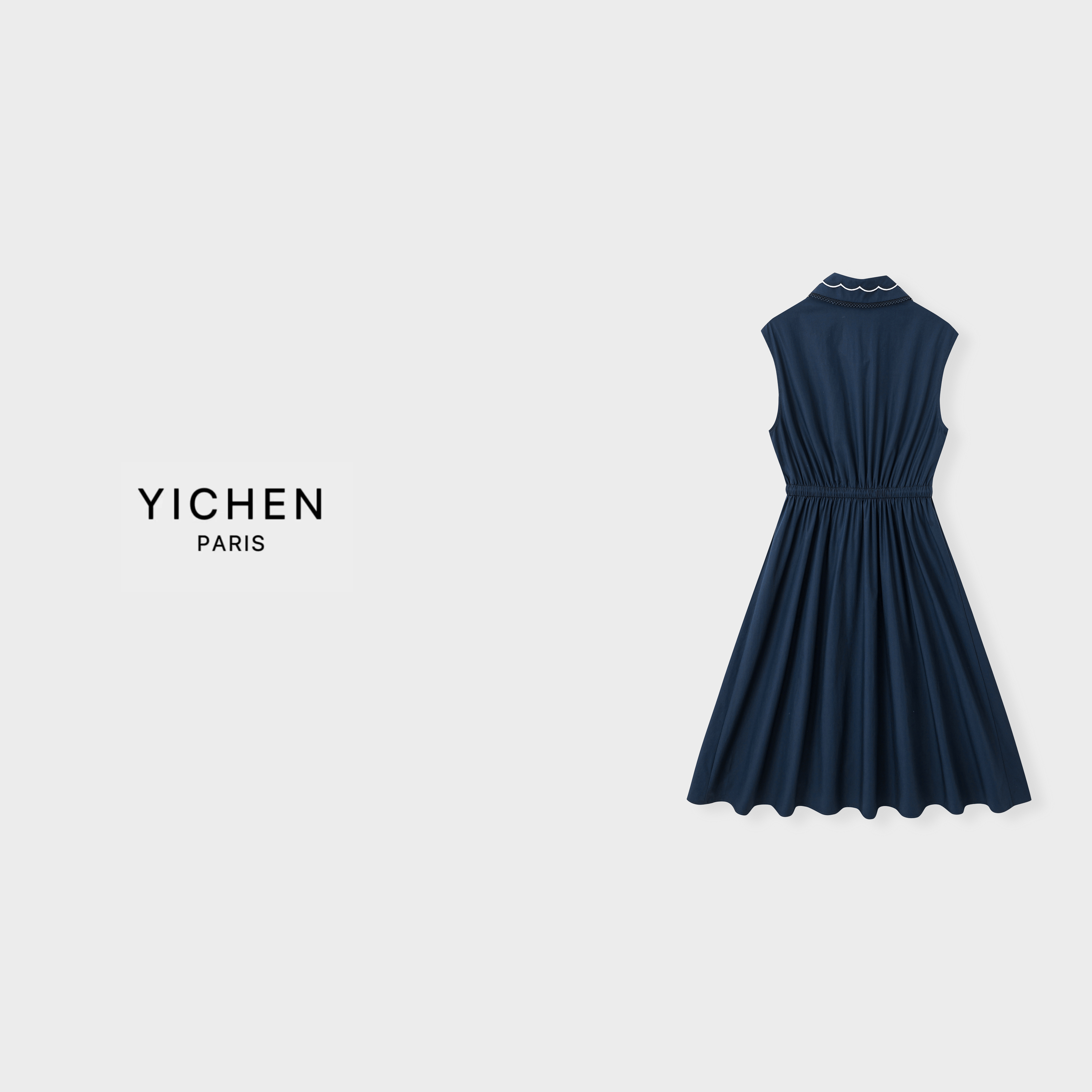 YC 甜美风藏蓝色刺绣徽标翻领无袖收腰衬衫连衣裙-1968