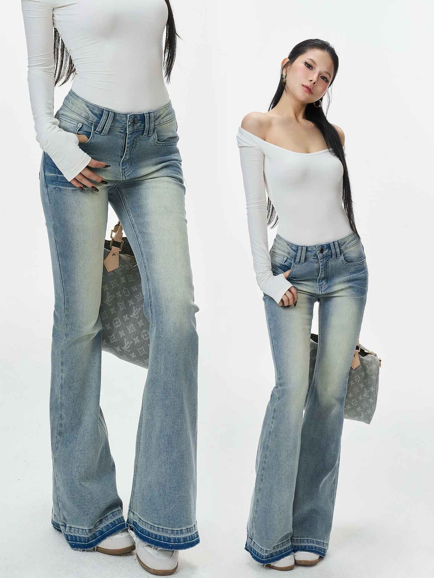 【吉月月超模裤】中腰水洗做旧磨破紧身微喇牛仔裤长裤