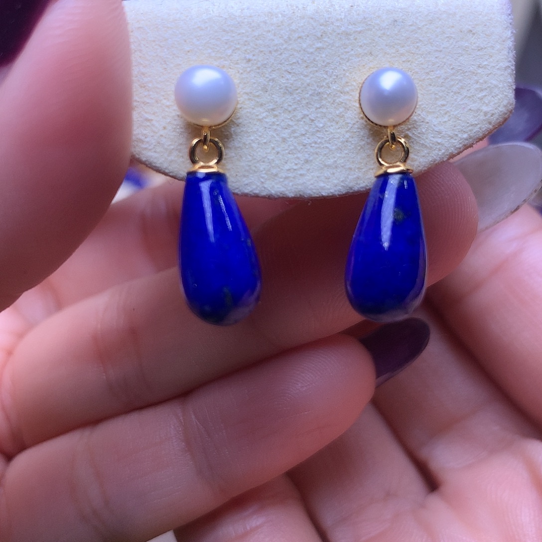 青金石银S925镶嵌耳饰