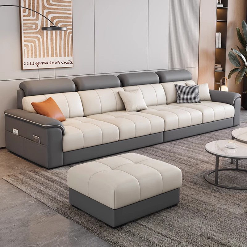 柏丝纳现代简约可调节功能真皮沙发大小户型可拆洗四人位布艺沙发