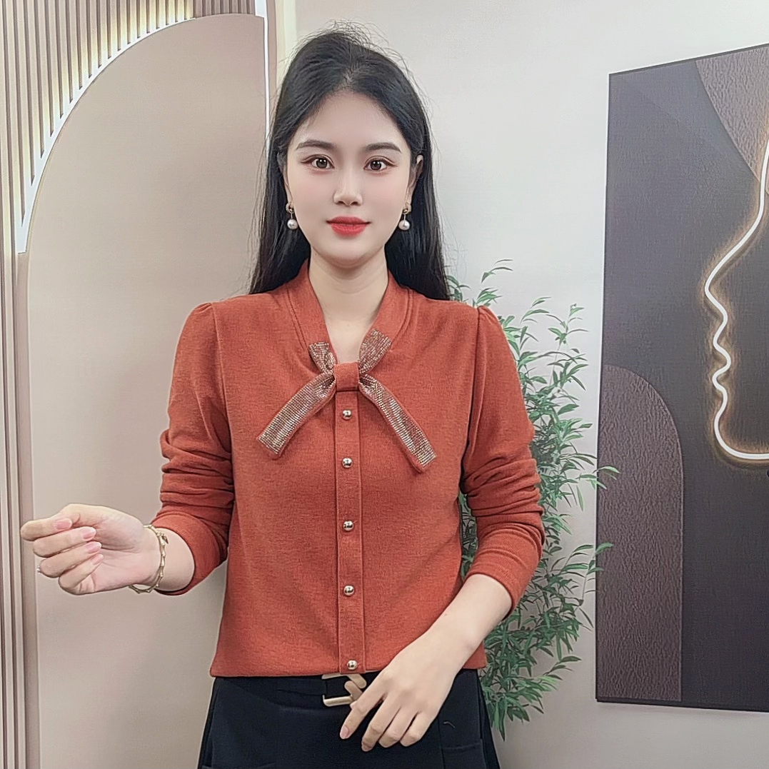 2025秋冬新款打底烫钻纯色女士长袖T恤百搭法式V领极简风慕丝绒