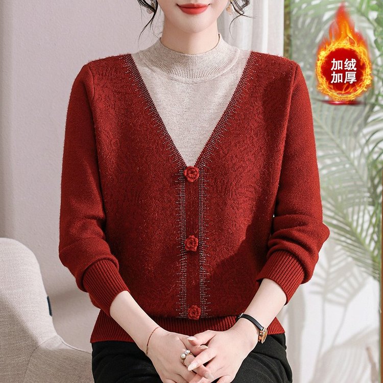 妈妈秋冬装一体绒上衣时尚假两件针织打底衫中老年女冬季内搭毛衣