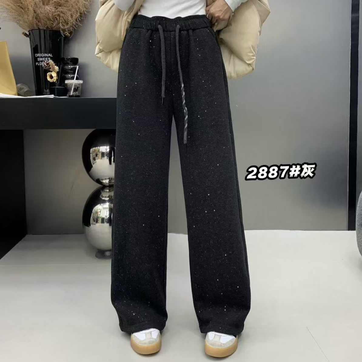 2887 高品质面料冬款大码女装加绒加厚窄版直筒星空款休闲裤