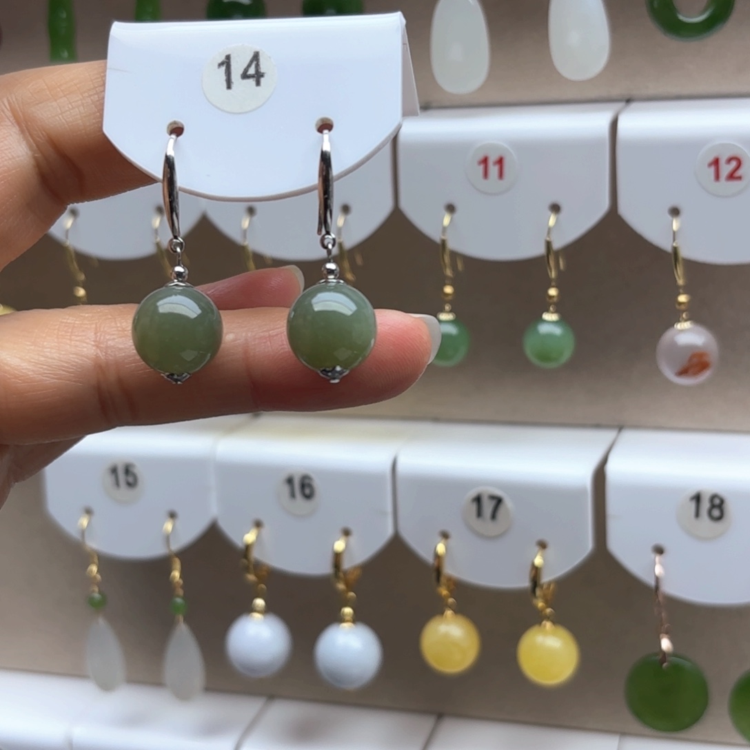 和田玉耳饰银S925镶嵌