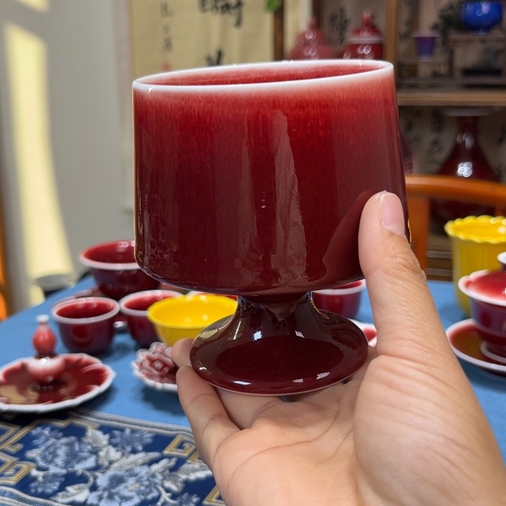 景德镇陶瓷浅行窑大红酒杯