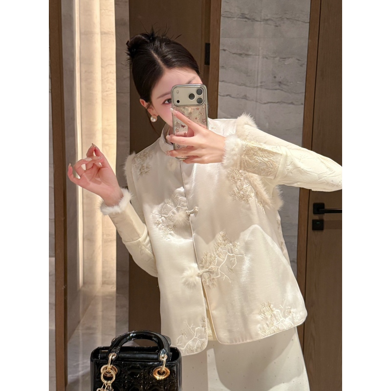 YIRAN【烟如影】新中式水貂毛刺绣温柔加棉马甲