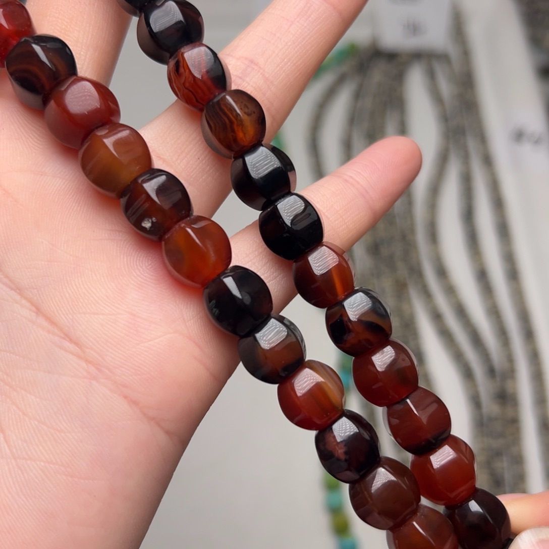 玛瑙/玉髓合金珠宝半成品K270。10mm天然玛瑙灯笼桶珠一条