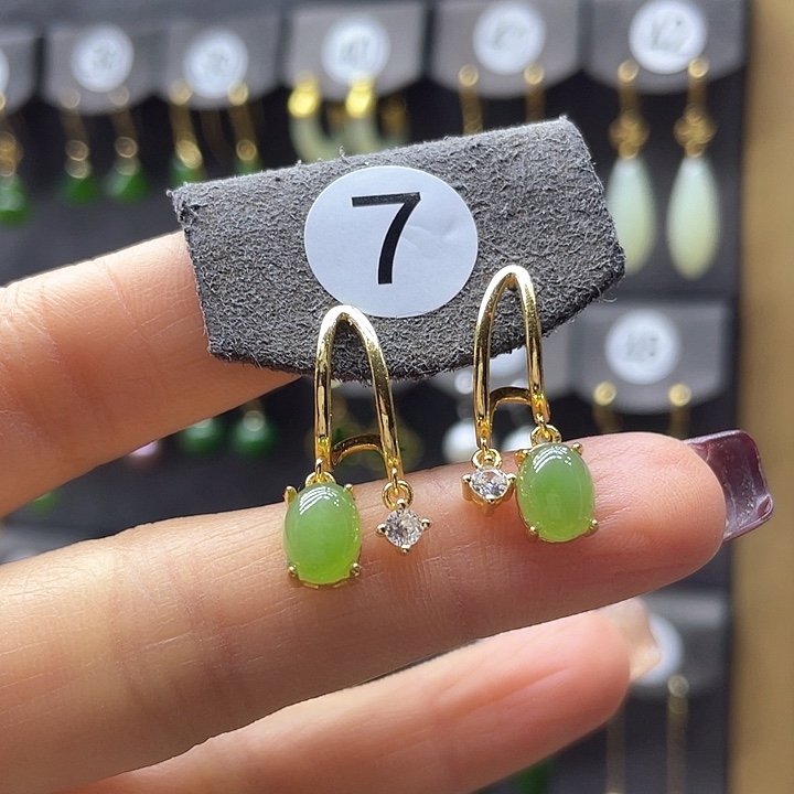 和田玉耳饰银S925镀金镶嵌