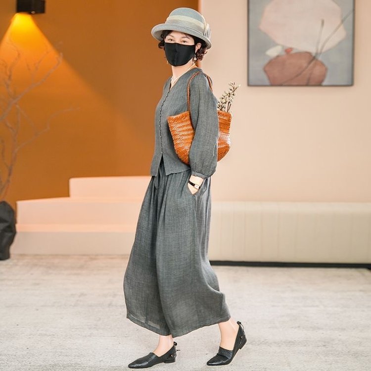 高档时尚复古棉麻套装女2025夏季新款轻奢宽松显瘦减龄上衣+裤子