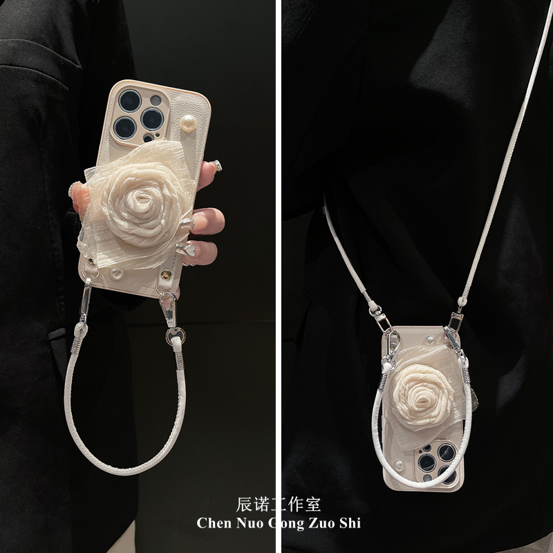 适用苹果华为荣耀oppo/vivo小米手机壳皮质珍珠花朵手提斜挎绳女