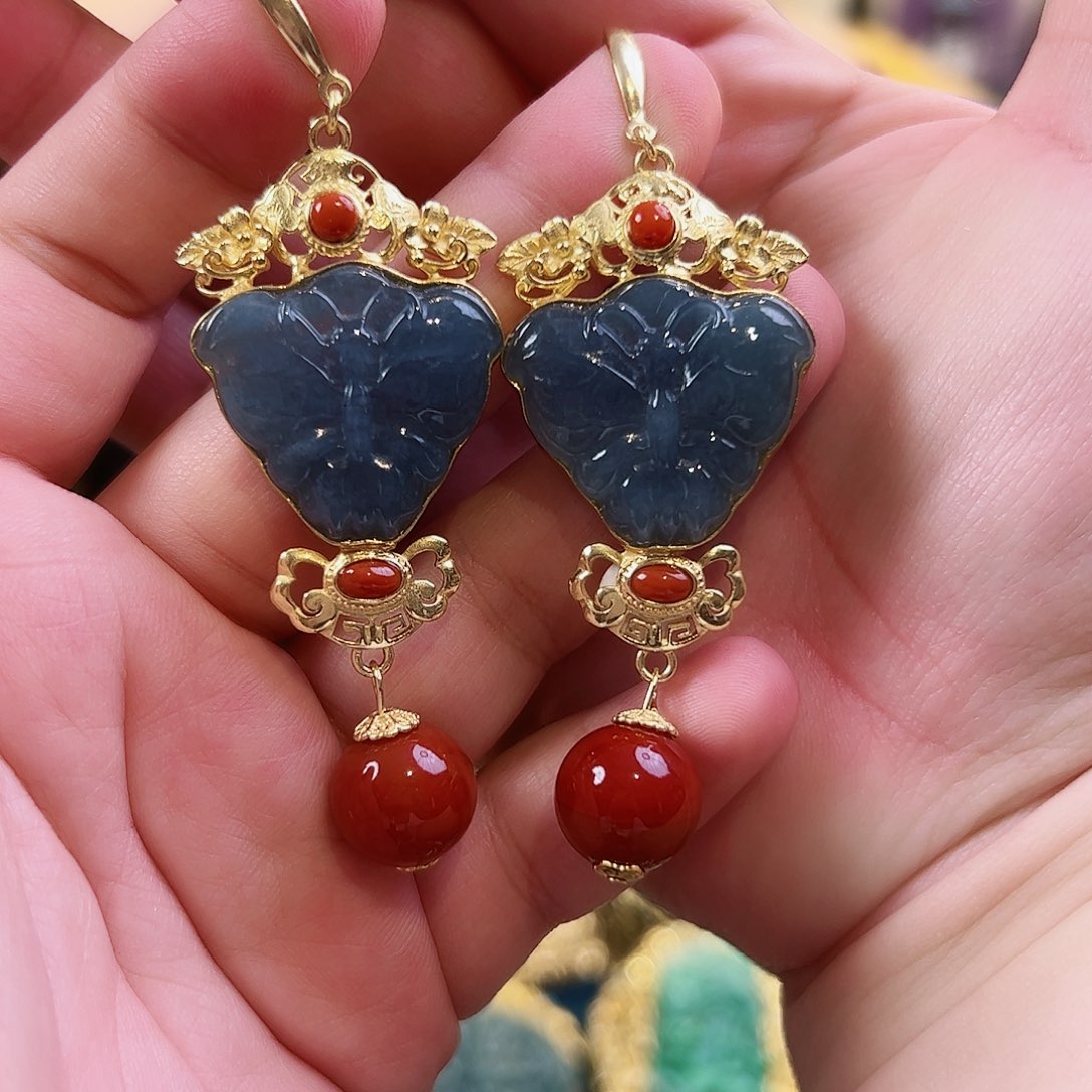 翡翠耳饰银S925镶嵌古风