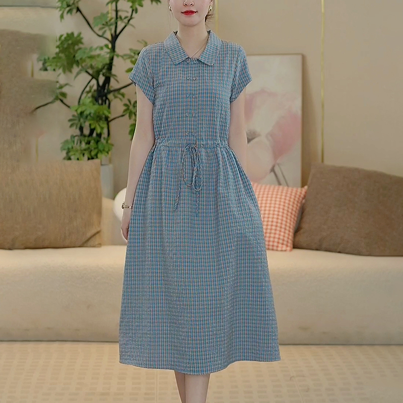 纯棉连衣裙夏季女装2025年新款高端气质格子翻领减龄纯色裙子2707