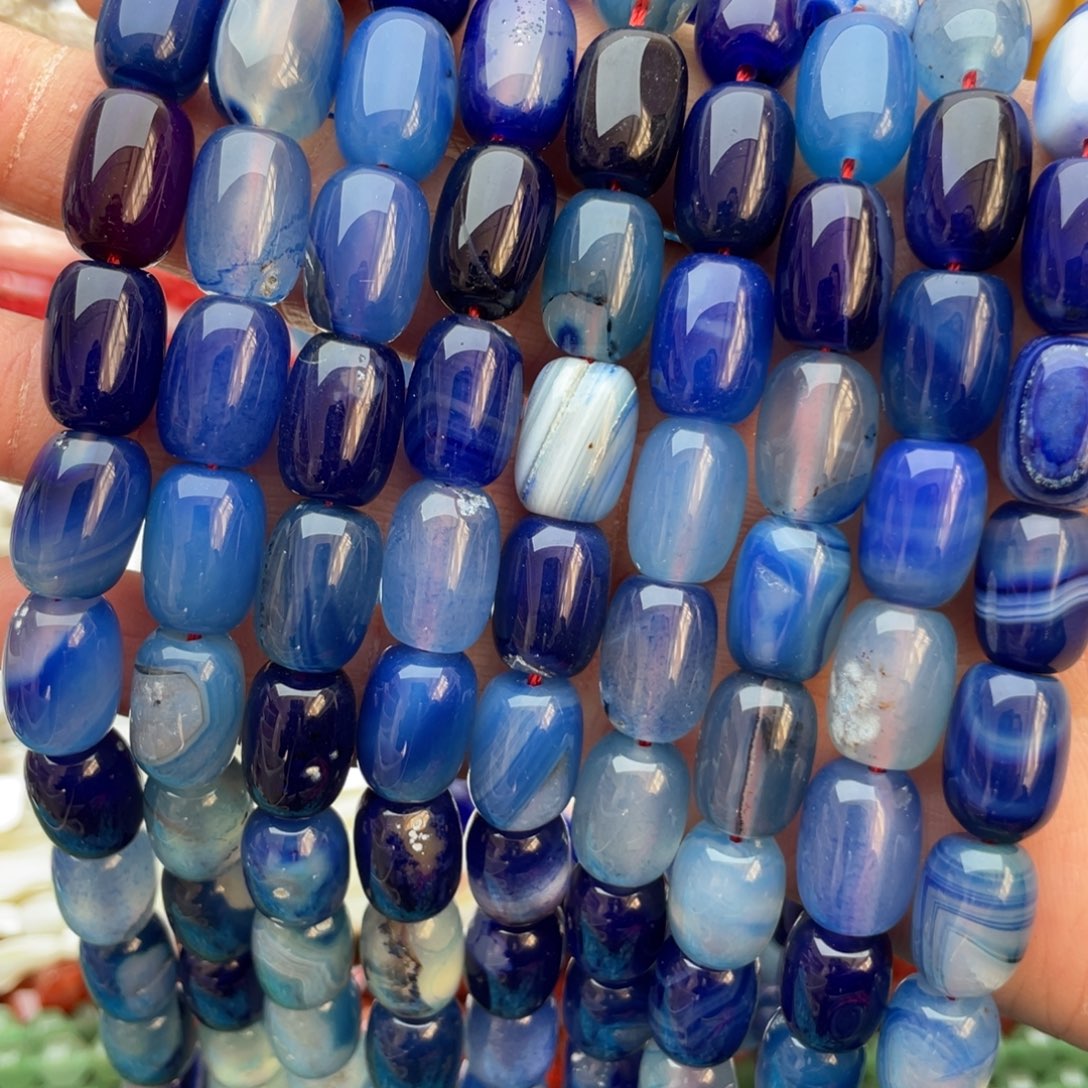 玛瑙/玉髓未镶嵌珠宝半成品蓝玛瑙桶珠1条卡10*14
