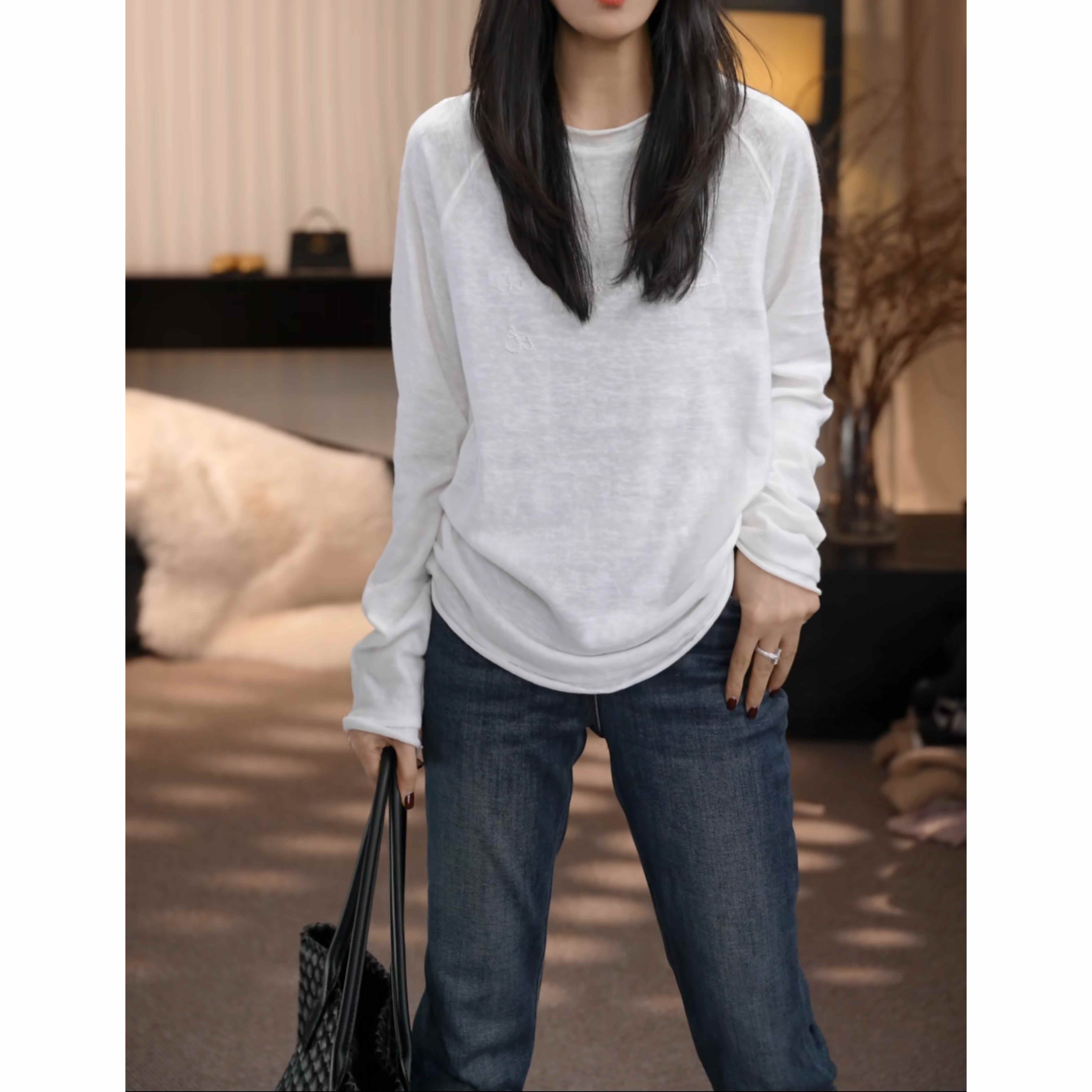 卢尚自然卷边字母刺绣长袖T恤700016