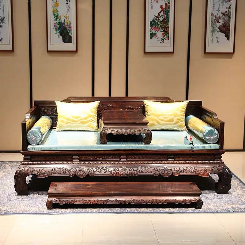 花开富贵雕花罗汉床北方老榆木全榫卯结构实木沙发床榻