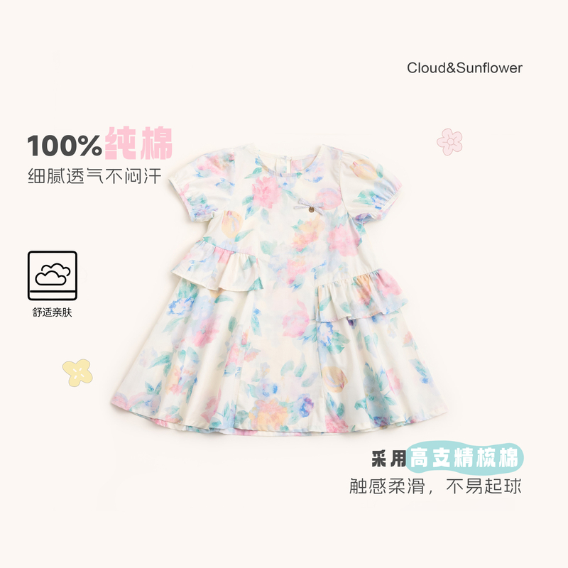 【云朵小葵】女童夏季爆款洋气透气轻薄纯棉花朵泡泡袖连衣裙991291