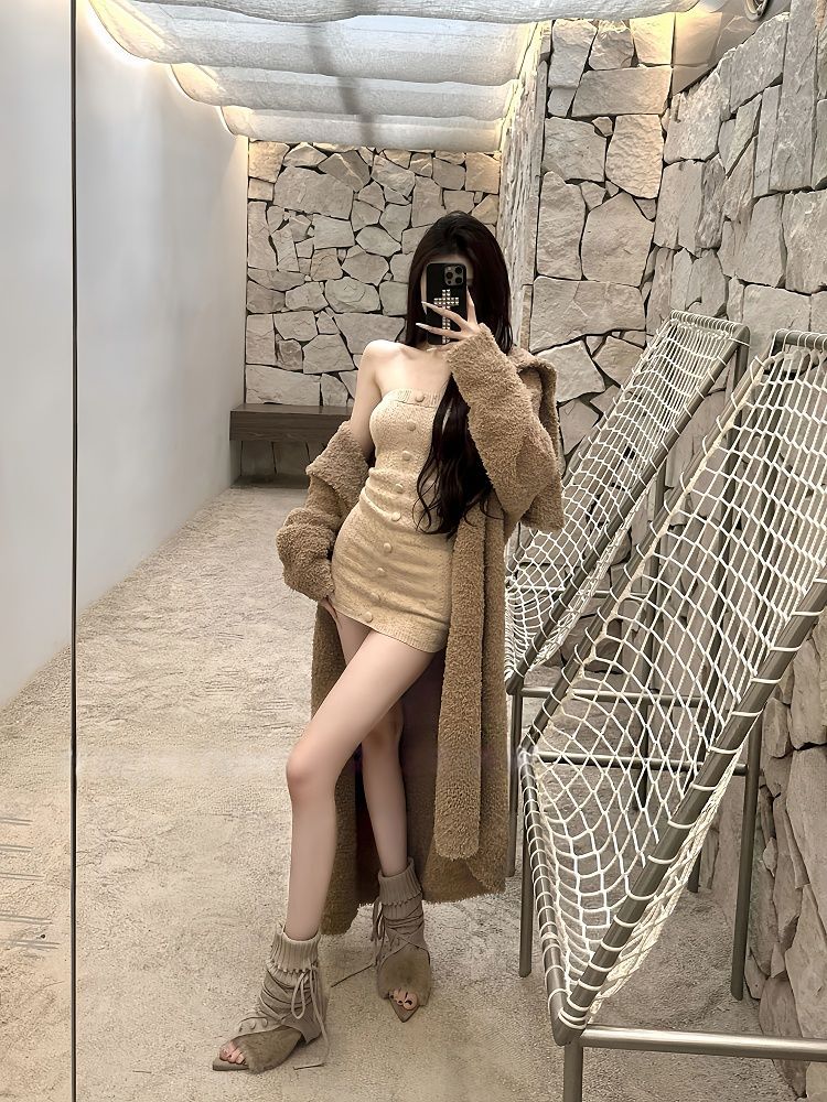 2025新款软糯秋冬气质慵懒风针织开衫外套抹胸裙纯欲风包臀裙套装