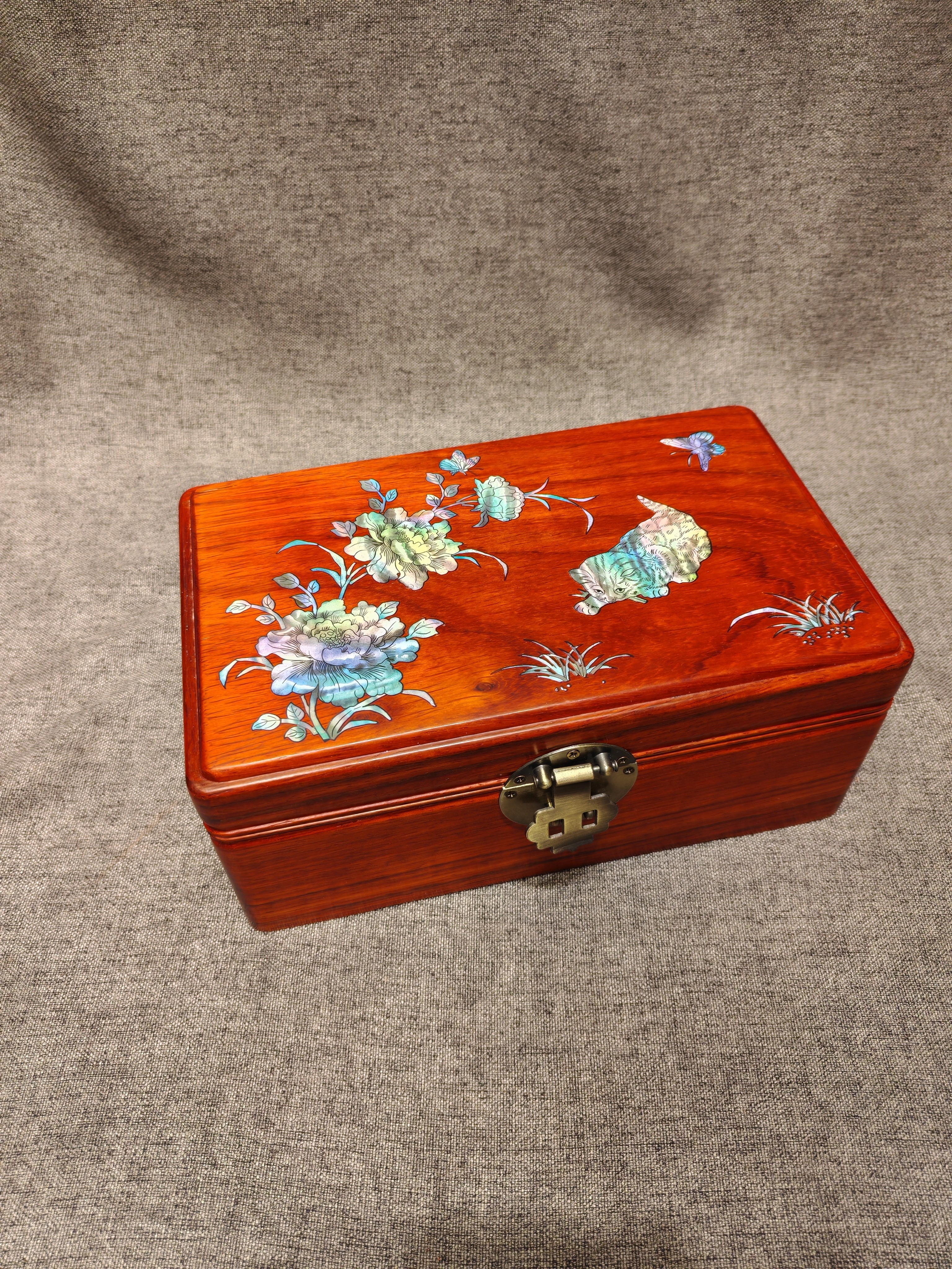 红花24.5彩绘猫咪收纳收纳盒实木盒子实木精致首饰盒首饰收纳高档