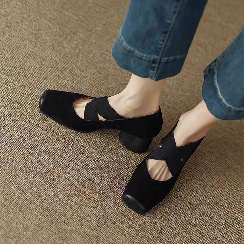 新款马皮粗跟交叉绑带皮鞋芭蕾舞鞋软底舒服MX3332