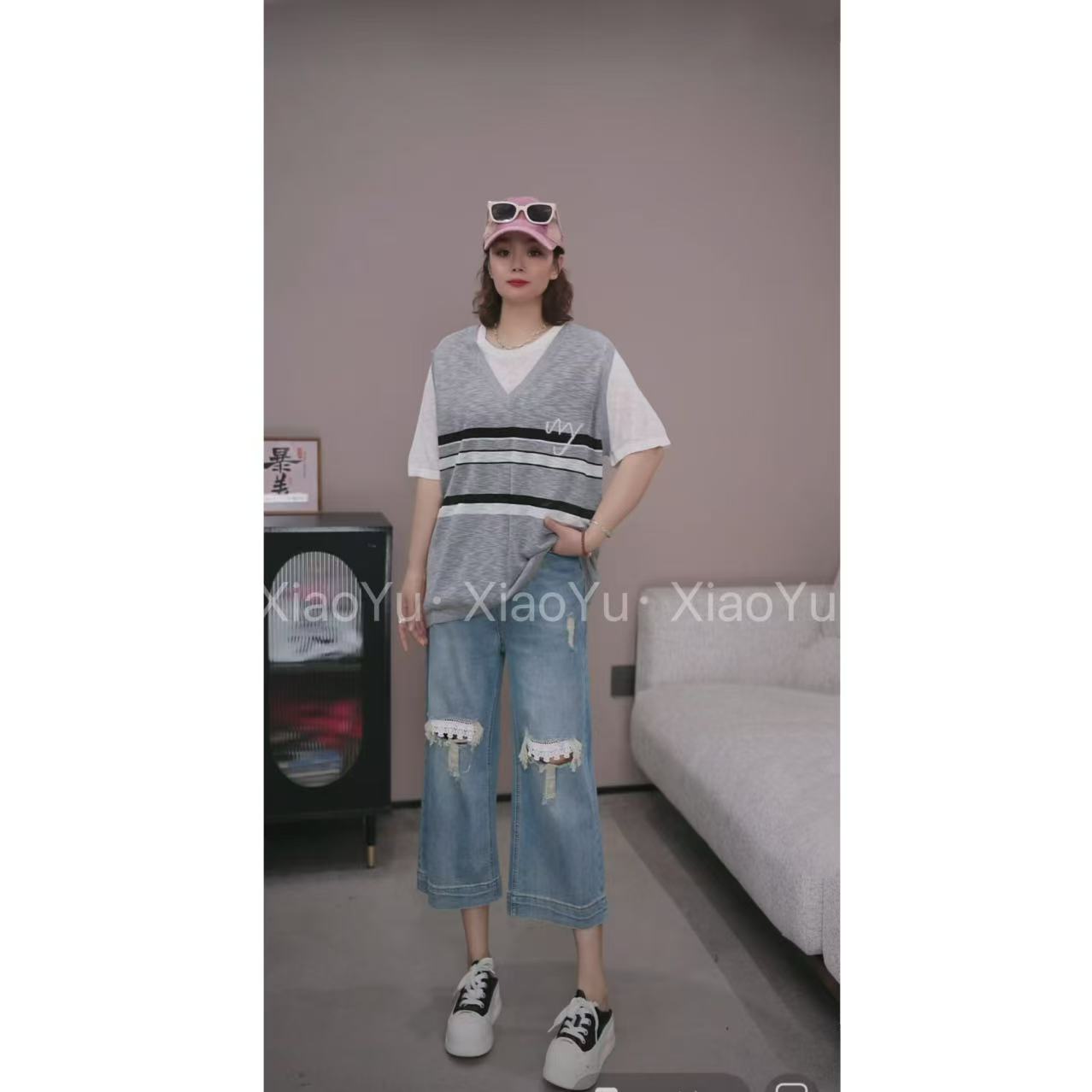 欧货【超薄冰爽曲珠麻料假两件条纹短袖】XP 802【No退换】瑕疵品