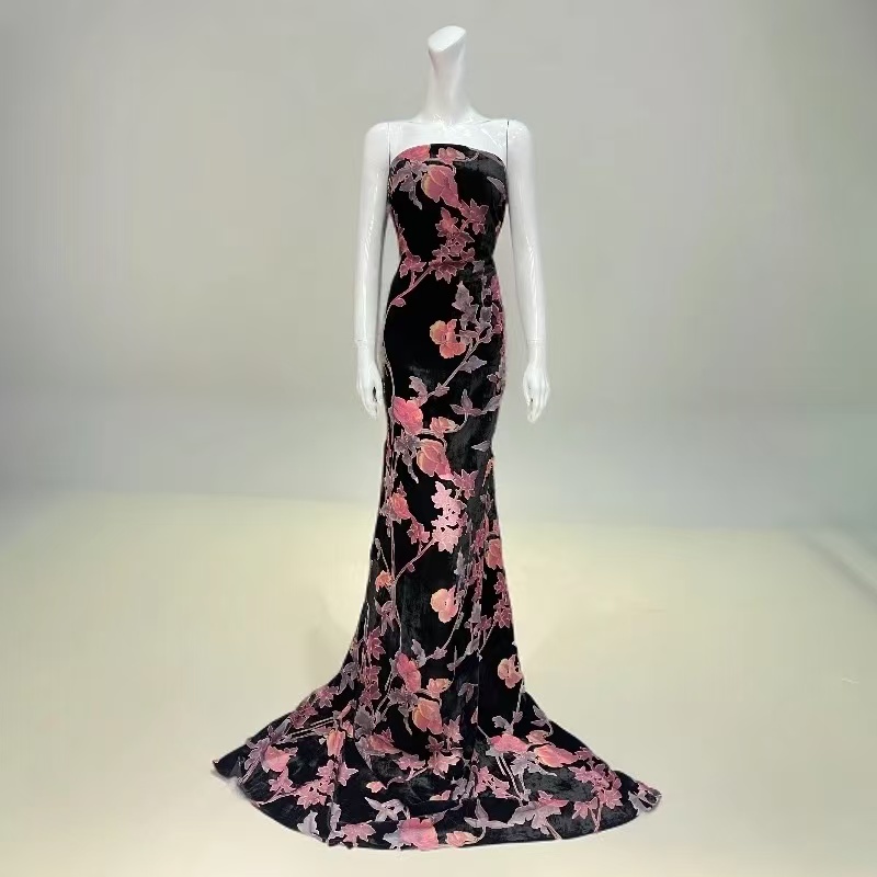 新款黑底粉花DHW-XP布料 高端旗袍连衣裙面料