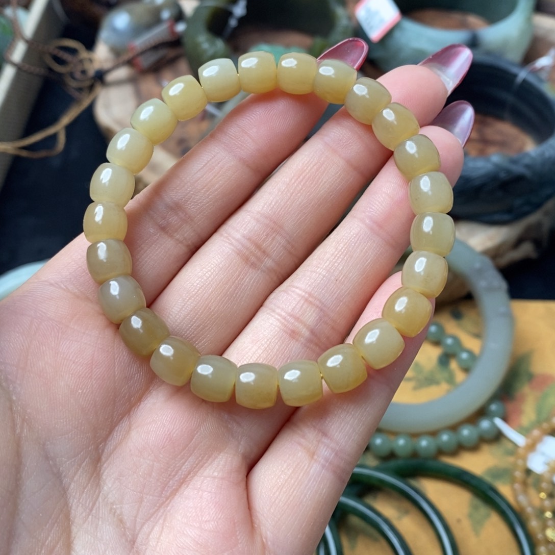 和田玉暖糖色直切手串卡8mm未镶嵌