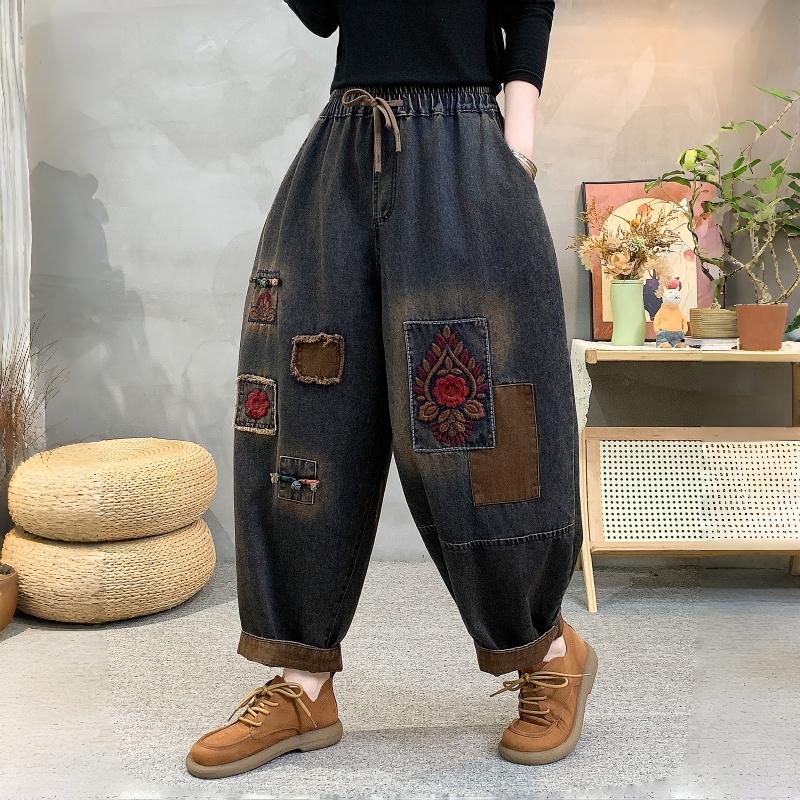 洋气哈伦老爹裤复古印花贴布刺绣牛仔裤女宽松大码哈伦裤9159