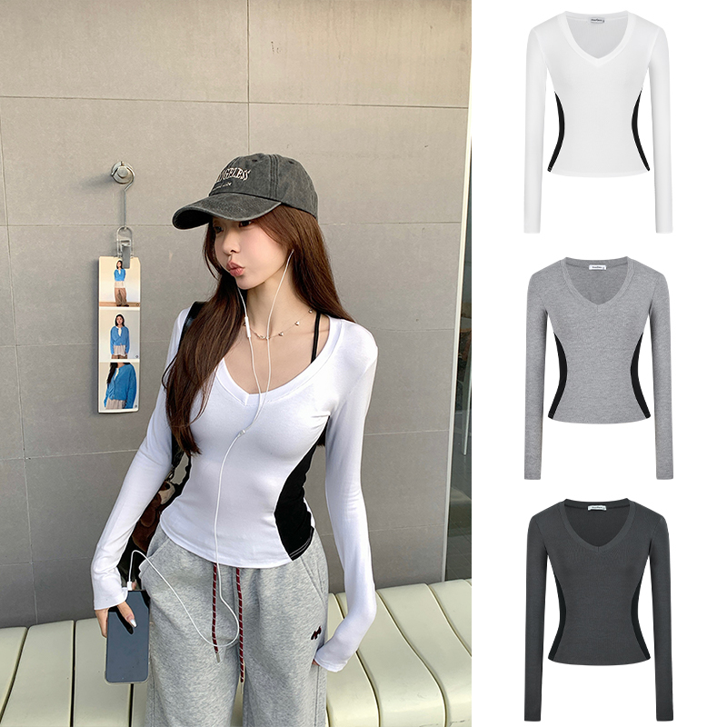 MosesQueen/魔西女王拼接撞色掐腰显瘦长袖T恤美式辣妹短款上衣