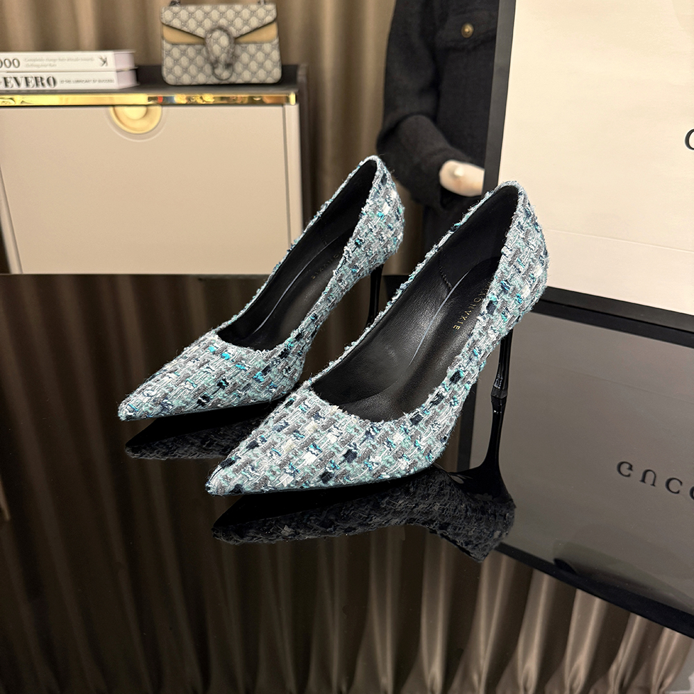 【VIMIAONVXIE】小香风单鞋新款灰蓝款色细跟女真皮尖头高跟鞋