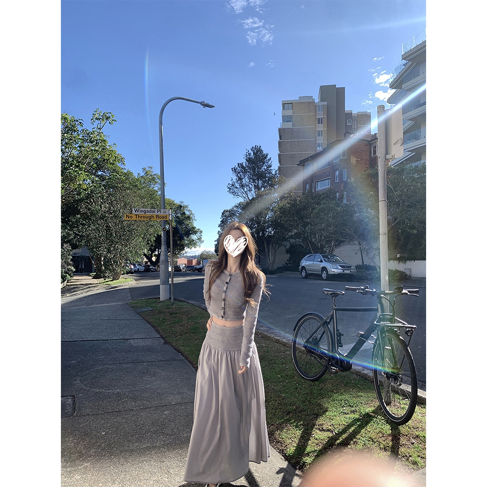 【私享时刻】条纹针织上衣长半裙休闲两件套22179#