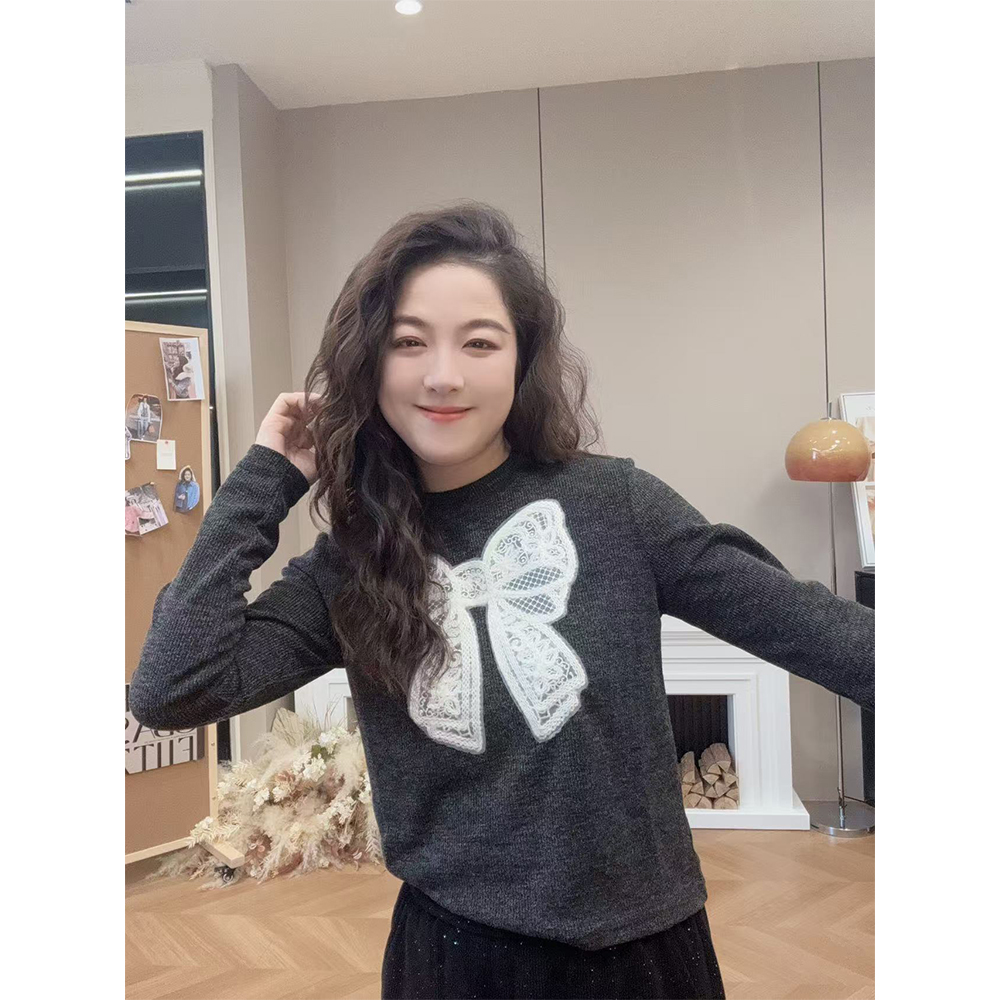 WenWen小个子韩系圆领蝴蝶结绣花双层磨毛长袖打底衫时尚T恤2358