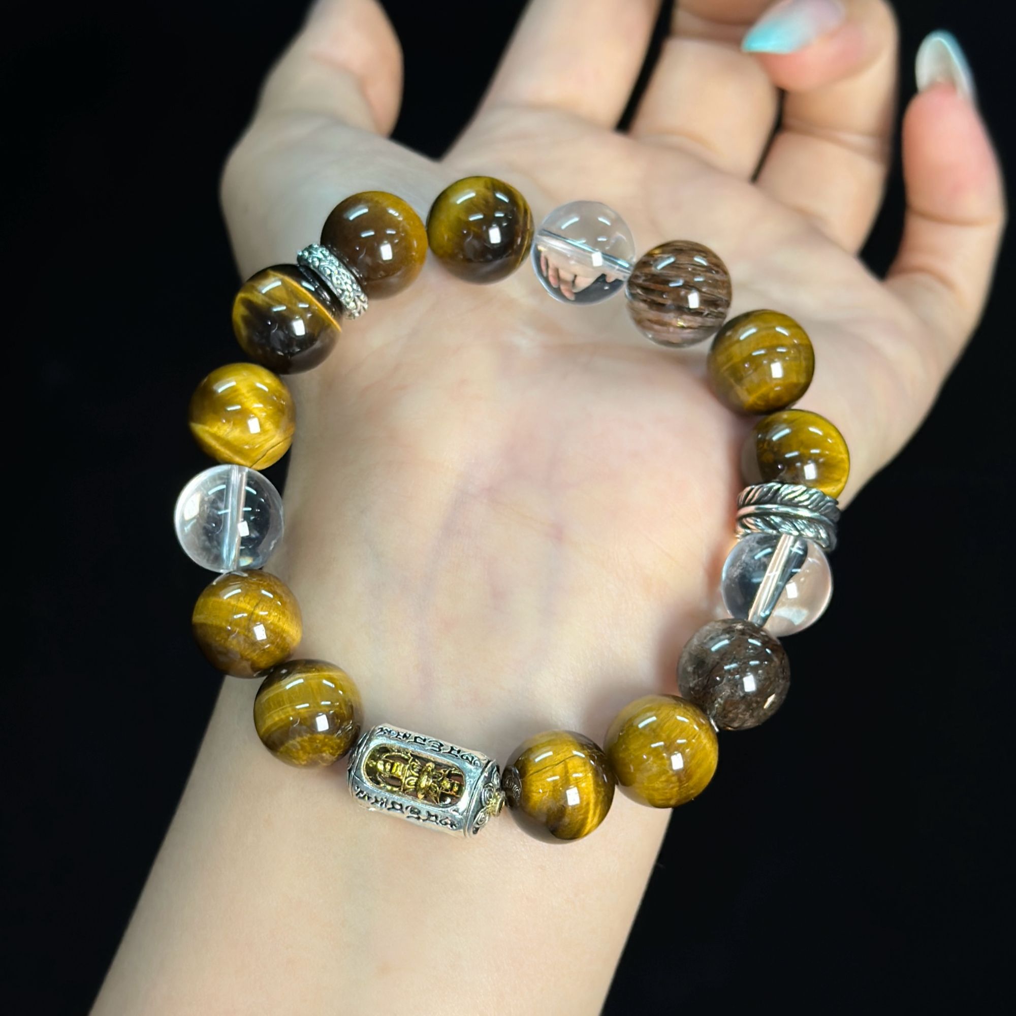 【飞黄腾达】12mm虎眼石黑金超七白水晶手串
