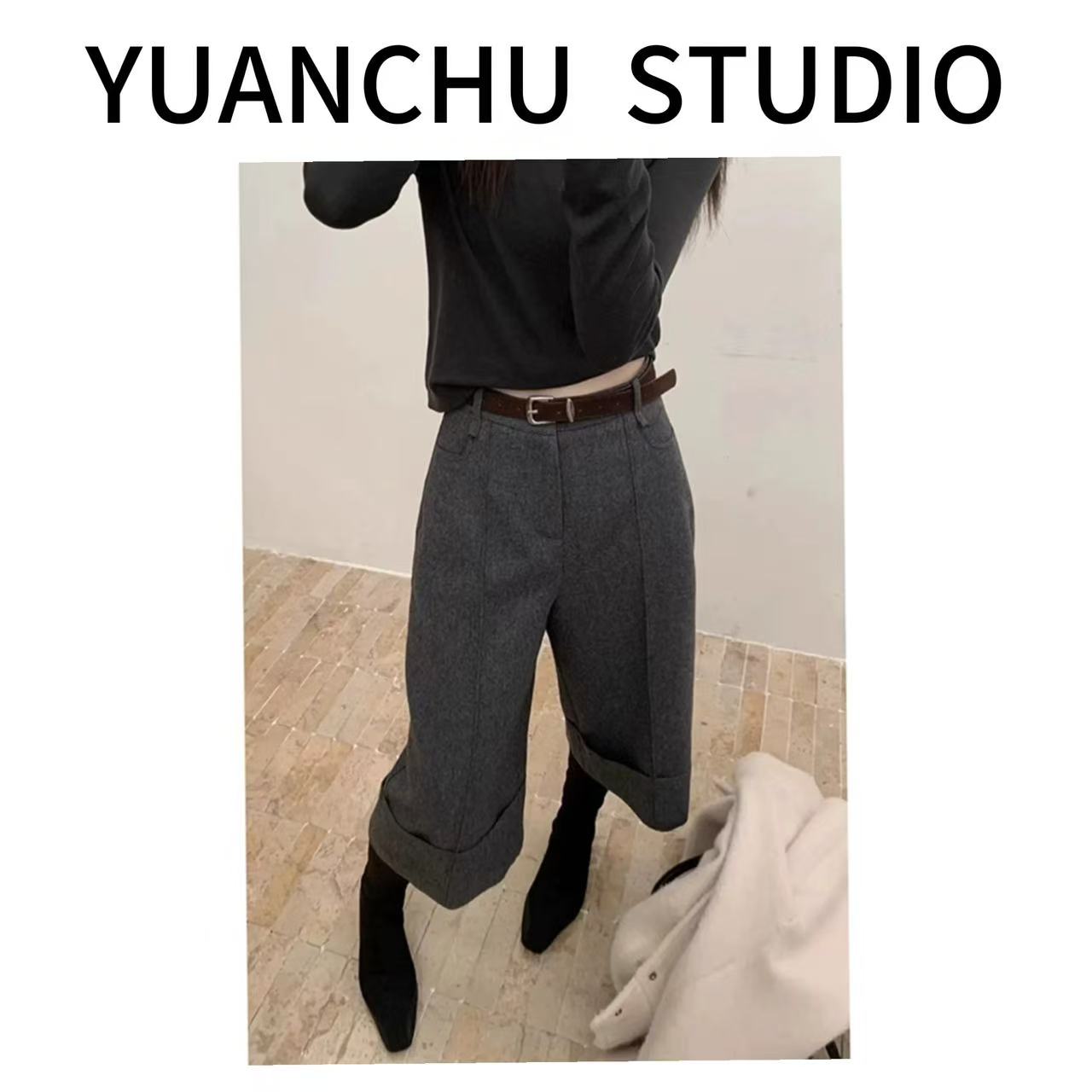 【YC】2025春季格雷系穿搭别致独特高级感毛呢七分阔腿裤新款直筒裤